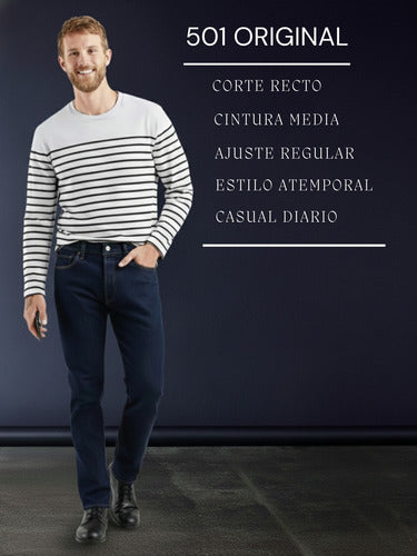 Pantalón Levis® 501 Fit Original Caballero 005010115 Moderno Azul Oscuro Liso 33-32