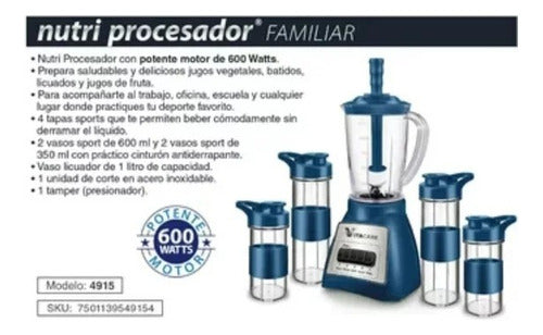 Nutri Procesador Familiar Vitacare 4 Vasos Sport Color Azul