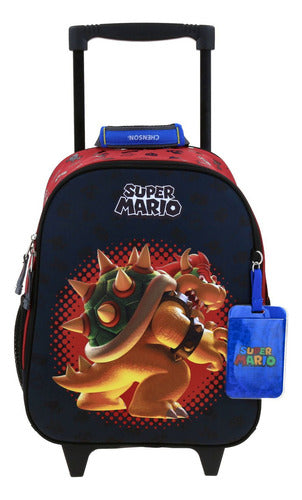 Mochila Chica Con Ruedas Chenson Mario Bros Bowie Negro