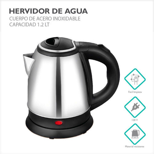 Jarra Hervidora De Agua Tetera Eléctrica 1.2 Litros Acero Color Plateado